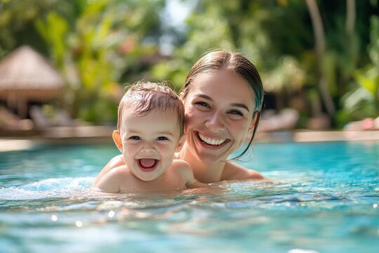 Joyful mother and son enjoying pool fun on vacation