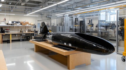 A modern engineering lab showcasing lightweight composite materials being shaped into aerodynamic structures, emphasizing efficiency in design and functionality. 