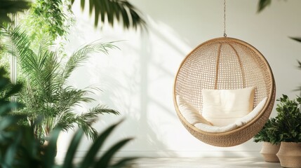 Obraz premium cozy wicker chair suspended in a bright, sunlit indoor garden, surrounded by lush green plants, creating a relaxing and serene atmosphere for rest and tranquility.