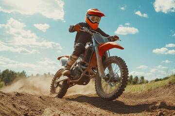 Obraz premium Junior motocross rider training on hot summer day outdoor tips and tricks