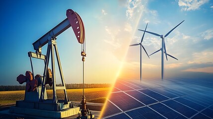 A split image showing an oil pump on one side and wind turbines on the other, symbolizing the transition from fossil fuels to renewable energy due to rising oil prices. 