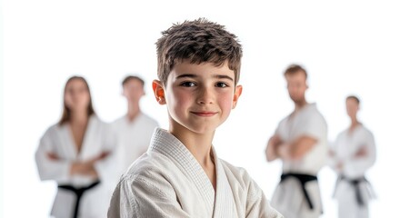 Karate boy in front others exercising in background white background