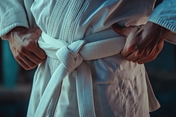 Karate athlete puts on white belt on kimono Asian martial arts gear