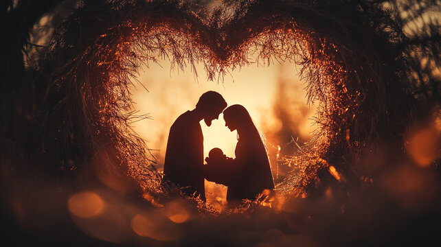 A family embraces in a heart-shaped silhouette at twilight on Christmas Day