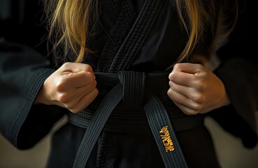 Karate girl tightening black belt with Open Mind symbol