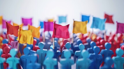 Obraz premium 3D animation of a cartoon election rally, with supporters waving flags and banners, isolated on a white background.