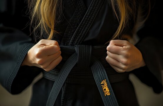 Karate girl tightening black belt with Open Mind symbol
