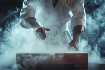 Karate master smashes wooden board with hand Smoke in background