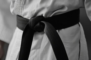 Karate sensei in black belt demonstrating close up stances