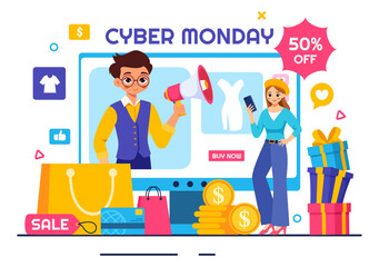 Cyber Monday Event Vector Illustration with Super Sale and Big Discount Purchases Goods in Paper Bags for Promotions in a Flat Style Cartoon Background