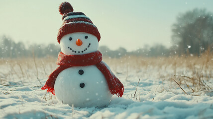 Obraz premium Joyful snowman wearing a red scarf and hat stands in a snowy field on Christmas Day