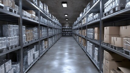War-Ready Warehouse: rows of metal shelves draped in white, brimming with emergency supplies
