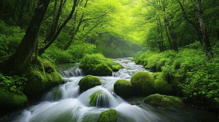 Obraz premium Serene Creek Flowing Through Lush Forest
