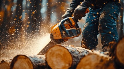 Close-up of woodcutter sawing chain saw in motion