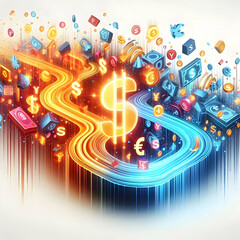 Fototapeta premium 3D Glowing Abstract Cash Flow Art with Bright Currency Icons for Financial Marketing - Digital Finance Concept with Isolated Icon on White Background