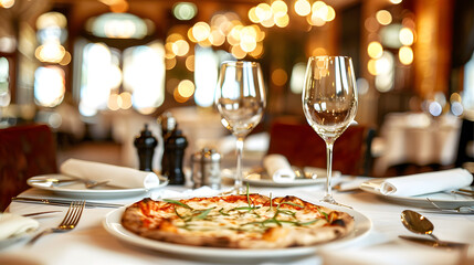 Fototapeta premium Gourmet pizza and wine on a rustic outdoor dining table