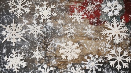 White snowflakes scattered on a rustic wood background.