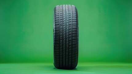 A new tire lying flat, its intricate tread pattern visible, isolated on a green screen background, ideal for highlighting an auto repair shop's offerings.