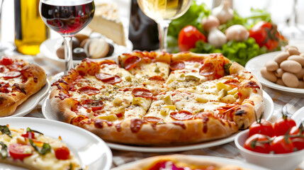 Freshly baked pizza with ham, cheese, and herbs on wooden serving board
