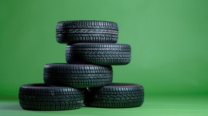A stack of new tires neatly arranged in a pyramid, isolated on a green screen background, ready to be featured for an auto repair shop.