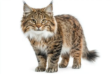 unique Highlander cat stands proudly with its tufted ears and short tail against a pristine white backdrop, highlighting its striking fur and playful demeanor.