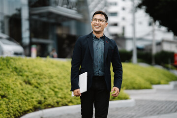 Confident & Ready: A successful and ambitious businessman confidently striding towards a promising future, showcasing a determined mindset and a clear vision for success.  