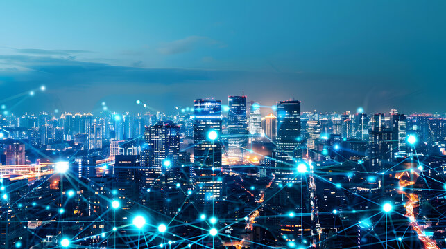 A futuristic city glowing with energy-efficient buildings, connected by an intelligent power grid with dynamic data lines, optimizing energy usage across the skyline 