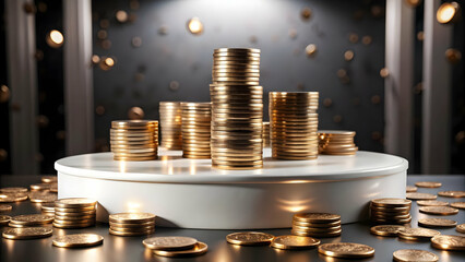 Flat Glossy White Podium with Floating Golden Coins - Tracking Shot of Financial Success Concept for Revenue Generation in Simple Flat Vector Illustration