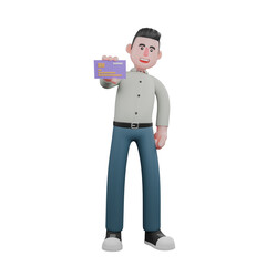 Writer Character 3D. A male writer stands holding an ID card in his hands. Illustrated Male Scriptwriter