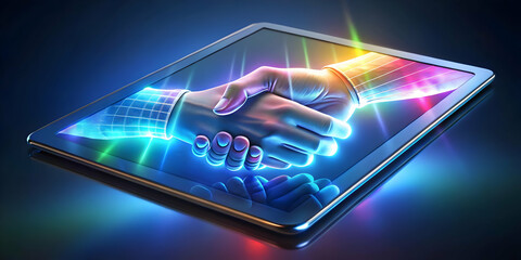 Holographic tablet showing a glowing handshake symbolizing a business deal concept as A high quality image of a tablet projecting a holographic glowing handshake above its screen; set against a glossy