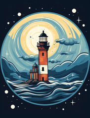  A vector design for a t-shirt featuring a lighthouse, in a circular shape with a retro color palette and a starry sky background