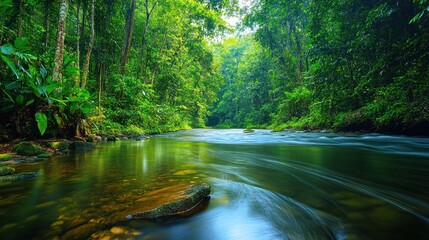Serene River Flowing Through Lush Green Forest