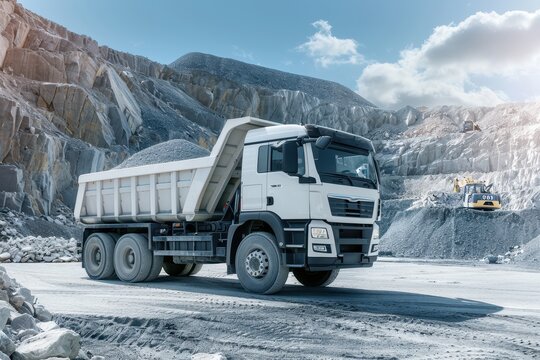 Large white articulated dump truck in quarry hauling rocks heavy duty construction vehicle