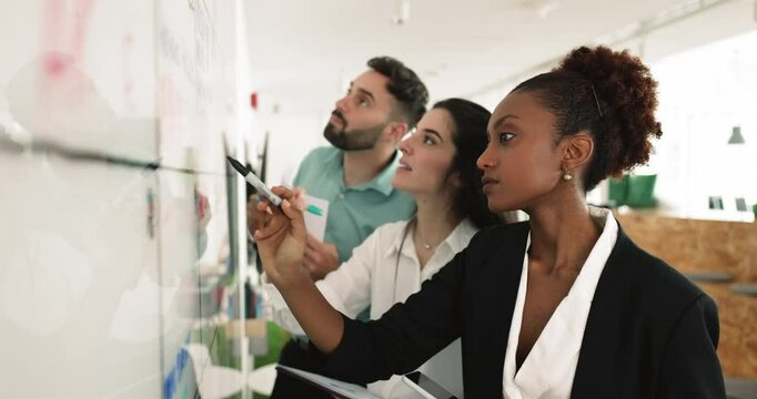 Multi-ethnic workmates stand near white board holding felt pens make correction, improvement, develop start up strategy, check written information engaged teamwork met in office for planning strategy