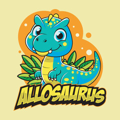 Fototapeta premium Cute Allosaurus Dinosaur Character Mascot in Hand Drawn Vector Cartoon Illustration Design for kid, sticker, badge, patch, banner, greeting card, invitation