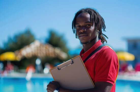 Lifeguard holding clipboard and stopwatch at pool on sunny day - Powered by Adobe