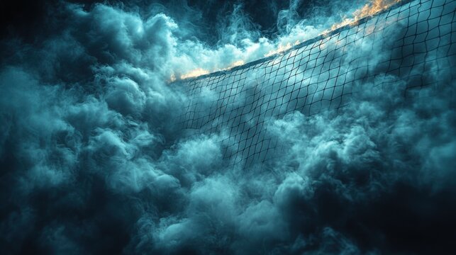 Dramatic Volleyball Net Surrounded by Smoke for Sports Promotion or Event Coverage