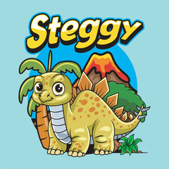 Obraz premium Cute Stegosaurus Dinosaur Character Mascot in Hand Drawn Vector Cartoon Illustration Design for kid, sticker, badge, patch, banner, greeting card, invitation