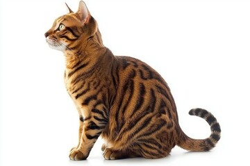 remarkable Toyger cat showcases its tiger-like stripes and muscular build, sitting confidently with an air of elegance on a crisp white background.