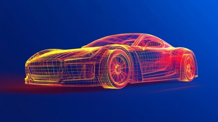 Futuristic car wireframe concept with augmented reality elements on a vibrant blue background