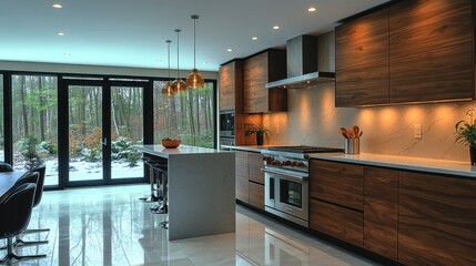 Elegant modern kitchen with sleek countertops and minimal decor, captured from an eye-level angle, emphasizing clean lines and a bright ambiance with warm lighting 