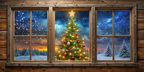 beautiful Christmas tree adorned with colorful ornaments and lights is seen through wooden frame window, showcasing snowy landscape and starry night sky. scene evokes warm, festive atmosphere