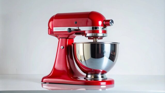 Bright red kitchen mixer with a stainless steel bowl.