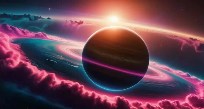 A hyperrealistic exoplanet orbiting a distant star, surrounded by vibrant, neon-colored clouds of interstellar dust
