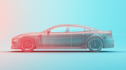 Futuristic car wireframe concept featuring augmented reality interface on a striking blue background