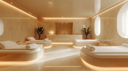 Elegant spa treatment room with soft lighting, shot from a corner perspective, emphasizing relaxation and tranquility 
