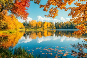 A beautiful autumn pond view with colorful fall leaves reflecting in the water, surrounded by golden trees on a peaceful fall day.