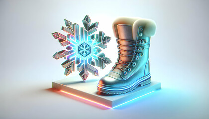 3D Holographic Snowflake Glowing Winter Boots with Copy Space, Modern Minimalist Design, Isolated on White Background
