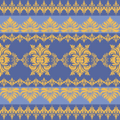 Yellow and Blue Baroque Floral Pattern with Ornate Symmetrical Motifs and Decorative Borders – Classic Vintage Damask Design for Wallpaper, Fabric, or Digital Art Featuring Intricate Floral