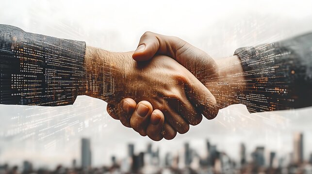 A handshake blended with coding screens, servers, and futuristic data networks, representing partnerships in tech and cybersecurity. The white background adds a sleek, modern tech feel.